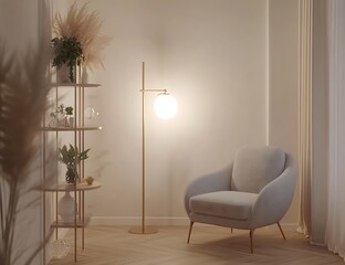 Cozy living room in Scandinavian style with a blank white wall for mockups, a grey armchair positioned near a golden lamp, a shelf with plant decorations on the left, and light wooden flooring