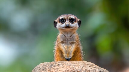 Fototapeta premium Adorable meerkat sitting on rock, nature background, wildlife photography, perfect for animal websites