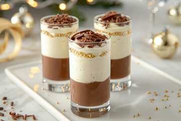 Elegant layered chocolate and cream mousse desserts served in glasses, topped with chocolate shavings and gold sprinkles. A rich and indulgent treat for special occasions.  
