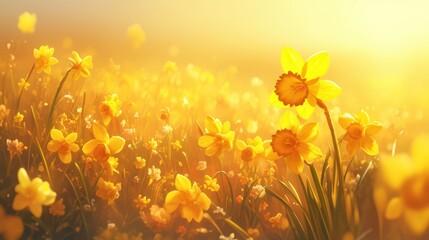 A close-up of a bright yellow daffodil swaying in the breeze.