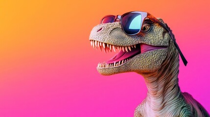 Naklejka premium Cool dinosaur wearing sunglasses on vibrant pink and orange background