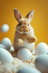 Fototapeta premium A fluffy brown bunny stands amidst white eggs, giving a cheerful vibe. The vibrant yellow backdrop enhances the playful atmosphere perfect for Easter festivities.