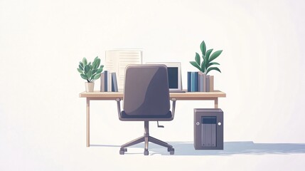 Fototapeta premium Modern Workspace Setup with Office Chair, Desk, Books, Plant, and Laptop Vector Illustration