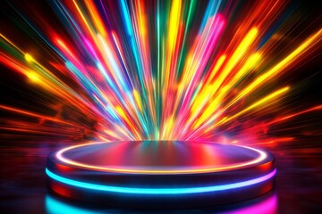 A round podium with colorful light beams radiating from it, set against an abstract background. 