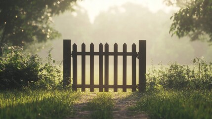 Obraz premium Wooden gate in misty field at sunrise.
