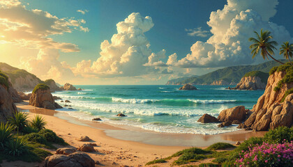 Scenic tropical beach with waves, rocks, and lush vegetation under a bright sky with clouds
