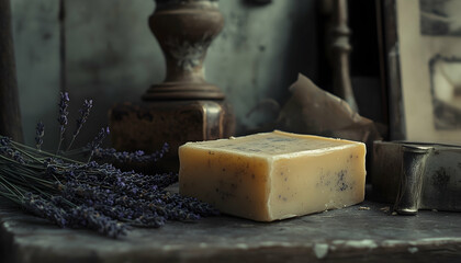 A bar of natural handmade soap displayed with lavender and rustic decor elements  -
