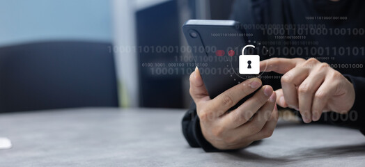 man hand type on smartphone to unlock key after attack on privacy account system to steal data information in company with virtual icon cyberspace for crime of technology and cyber security concept