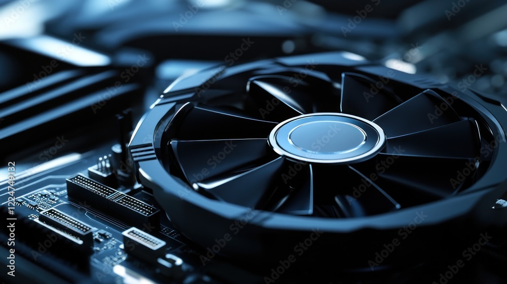Poster close-up of a computer graphics card fan with detailed circuitry components visible around it