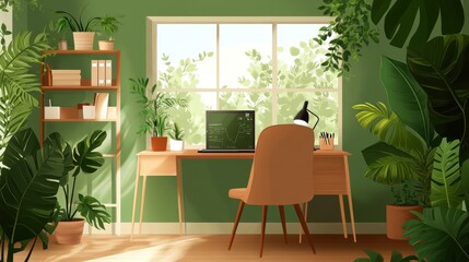 Cozy workspace surrounded by lush greenery.