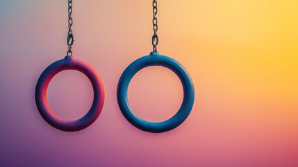 Modern gymnastic rings hanging against vibrant sunset gradient sky