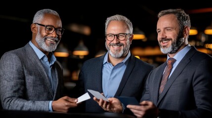 Three professionals exchanging business cards.