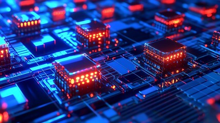 Obraz premium Abstract close-up of glowing red and blue circuit board components.