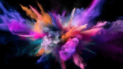 Fototapeta premium Dramatic explosion of vibrant powder colors against black background, dynamic color burst photography with mixing purple, pink and orange particles creating abstract art