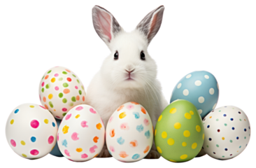 PNG Rabbit sitting easter eggs colorful patterns bunny.