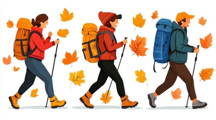 Three hikers walk among autumn leaves.