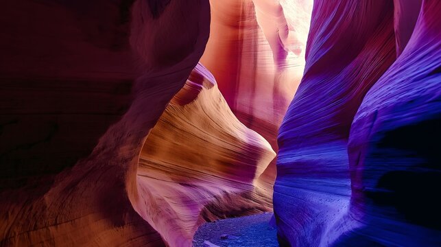 Natural sandstone formations in vibrant purple and orange tones inside Antelope Canyon, dramatic rock texture photography with flowing curves and majestic light beams