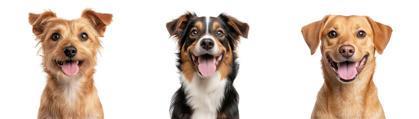 Fototapeta premium Three happy dogs with different breeds and colors smiling against transparency background