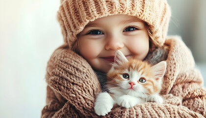 A happy child in warm clothing cradling a small kitten, radiating joy and innocence in a minimalistic setting  -