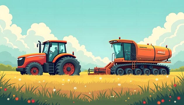Orange Farm Tractor and Harvester in Golden Field