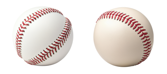 Two baseballs with red stitching, one in bright white and other in off white shade, isolated on transparency background