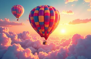 Fototapeta premium A vibrant cluster of colorful balloons ascends into a breathtaking sunset sky, filled with fluffy clouds