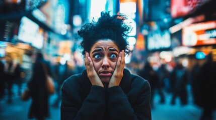 Fototapeta premium woman with her head in her hands on the street 