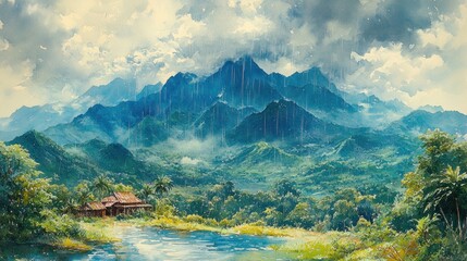 Raining on lush mountains, small house by river.