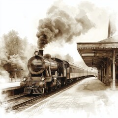 Naklejka premium Vintage Steam Train at Station in Black and White