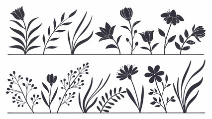 Wild Flower Silhouette Vector, lower Silhouette Vector, Leaf Elements Vector, Black and White Flowers