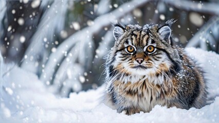 Pallas's Cat During a Snowfall in the Forest: Majestic Wildlife Scene for International Pallas's Cat Day