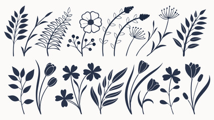 Wild Flower Silhouette Vector, lower Silhouette Vector, Leaf Elements Vector, Black and White Flowers