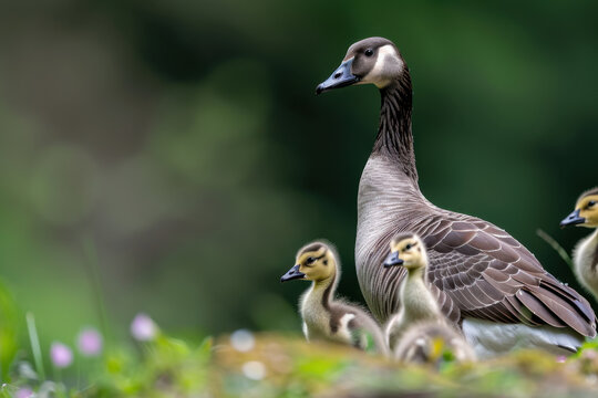 A mother goose attentively watching over her goslings in a lush green environment. The image captures a beautiful moment of wildlife, family bonding, and nature.  
