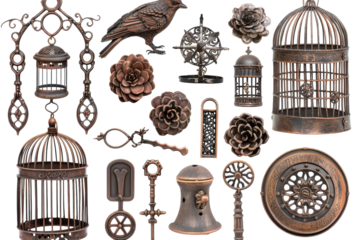 Vintage metal decor collage with birdcages, flowers, and keys, celebrating timeless classical elegance isolated on transparent background