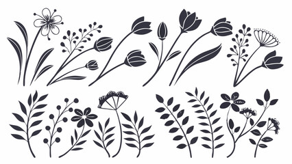 Wild Flower Silhouette Vector, lower Silhouette Vector, Leaf Elements Vector, Black and White Flowers