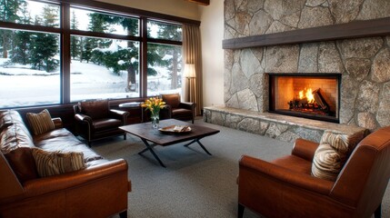 Fototapeta premium Cozy Lodge Living Room with Fireplace