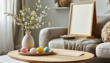 Obraz premium Cozy living room with Easter decorations. Easter postcard in Scandinavian living room. Minimalist living room with Easter symbols. Copy space