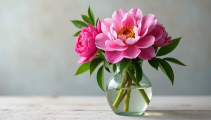 Obraz premium stunning peony blooms in a glass jug with greenery, blossom, decorative, arrangement