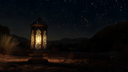A traditional glowing Arabic lantern set against a dark desert night sky, ideal for Ramadan or cultural celebrations.  -