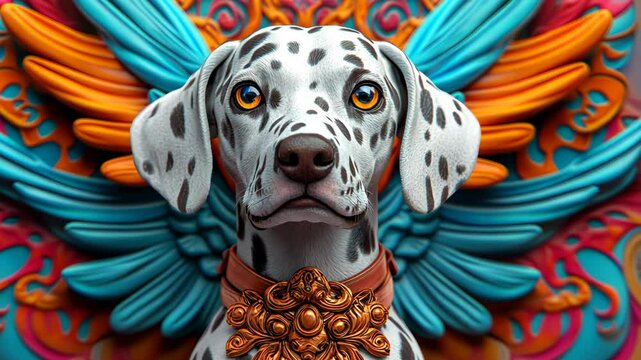 Dalmatian dog with vibrant wings and ornate collar in a colorful background representing creativity and uniqueness