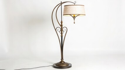 Antique Floor Lamp with Curved Arm and Fabric Shade