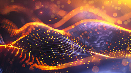 Abstract digital waves with glowing particles and vibrant colors.