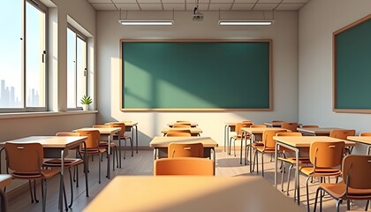 Sunlit Classroom Empty Desks And Chairs Awaiting Students