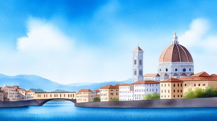 Obraz premium Italian Cityscape with Dome and Bridge - Watercolor painting of a charming Italian city, featuring a magnificent dome, bridge, and picturesque buildings under a bright blue sky.