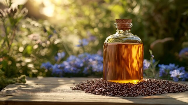 Black cumin essential oil in a small bottle. selective focus. Generative AI,