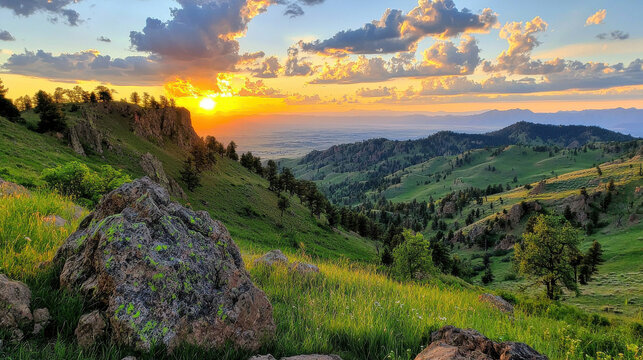 Breathtaking mountain range at sunset with vibrant clouds and lush greenery - Powered by Adobe