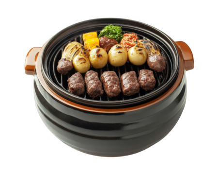 Grill pot with assorted grilled vegetables and meat, perfect for gatherings. Enjoy delicious flavors and unique cooking experience with this versatile kitchen tool