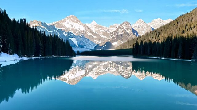 Mountain range is reflected in the water
