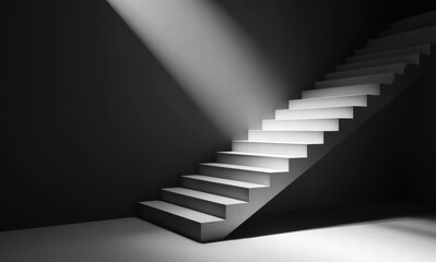 Fototapeta premium A staircase is shown in a dimly lit room, with the light shining on the steps