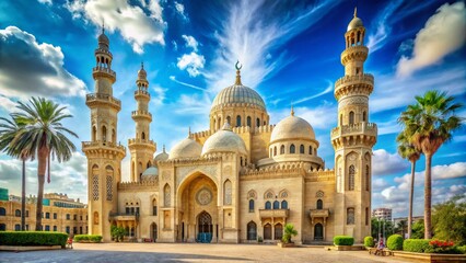 Fototapeta premium Majestic Alexandria Mosque Facade: Ancient Egyptian Architecture, Islamic Landmark, Travel Photography